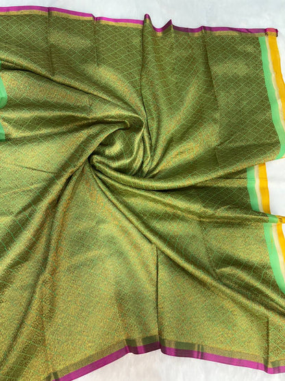 Leaf Green Tussar Silk Saree with Geometric Zari Jal & Magenta Selvedge
