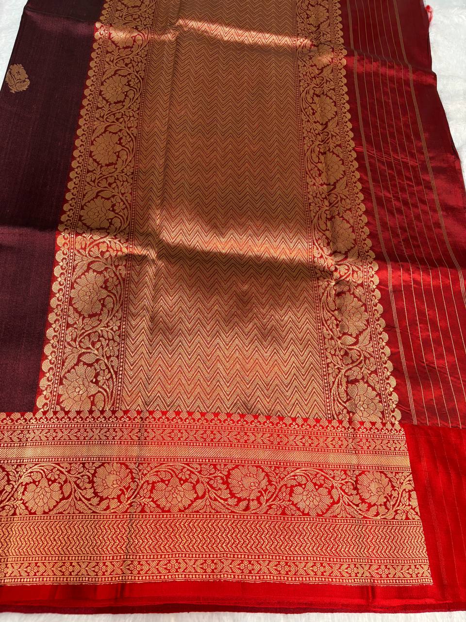 Wine Maroon Tussar Silk Saree with Traditional Banarasi Zari Border & Chevron Pallu