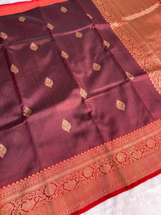 Wine Maroon Tussar Silk Saree with Traditional Banarasi Zari Border & Chevron Pallu
