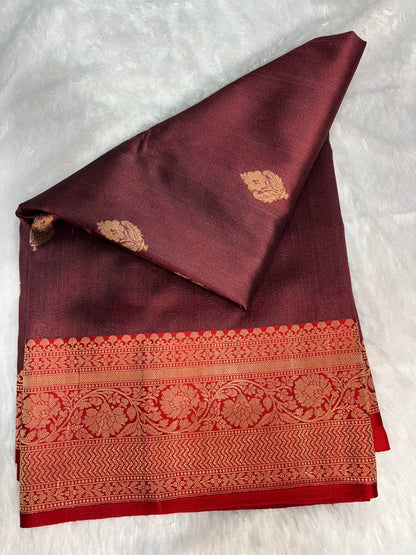 Wine Maroon Tussar Silk Saree with Traditional Banarasi Zari Border & Chevron Pallu