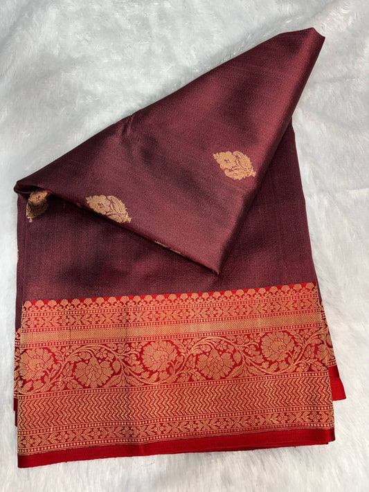 Wine Maroon Tussar Silk Saree with Traditional Banarasi Zari Border & Chevron Pallu