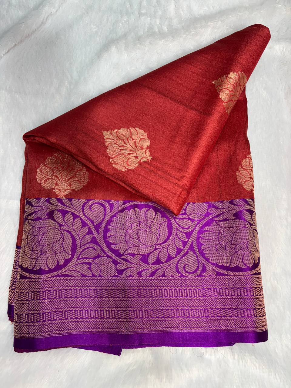 Crimson Red Tussar Silk Saree with Royal Purple Meenakari Border & Floral Buttis