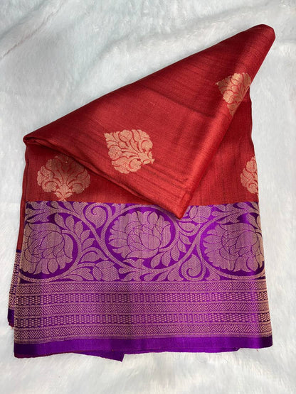 Crimson Red Tussar Silk Saree with Royal Purple Meenakari Border & Floral Buttis