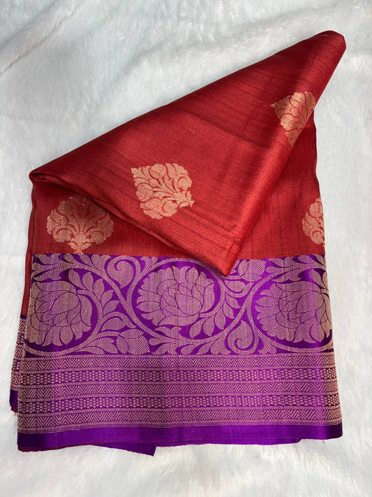 Crimson Red Tussar Silk Saree with Royal Purple Meenakari Border & Floral Buttis