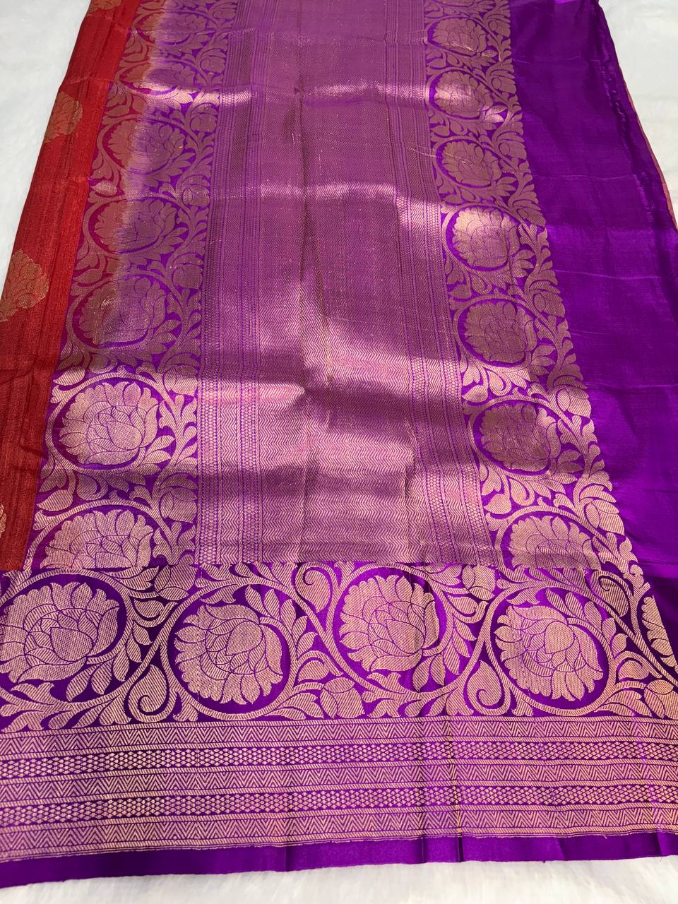 Crimson Red Tussar Silk Saree with Royal Purple Meenakari Border & Floral Buttis