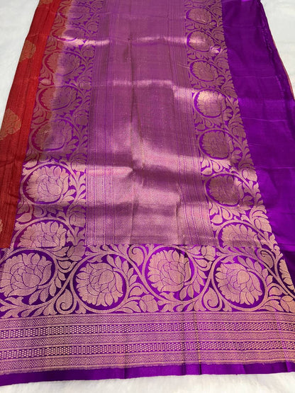 Crimson Red Tussar Silk Saree with Royal Purple Meenakari Border & Floral Buttis