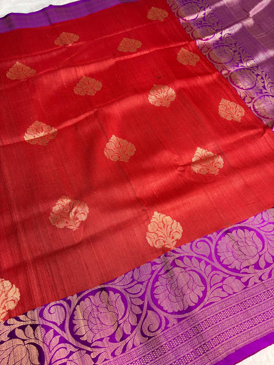 Crimson Red Tussar Silk Saree with Royal Purple Meenakari Border & Floral Buttis
