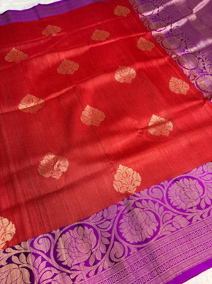 Crimson Red Tussar Silk Saree with Royal Purple Meenakari Border & Floral Buttis