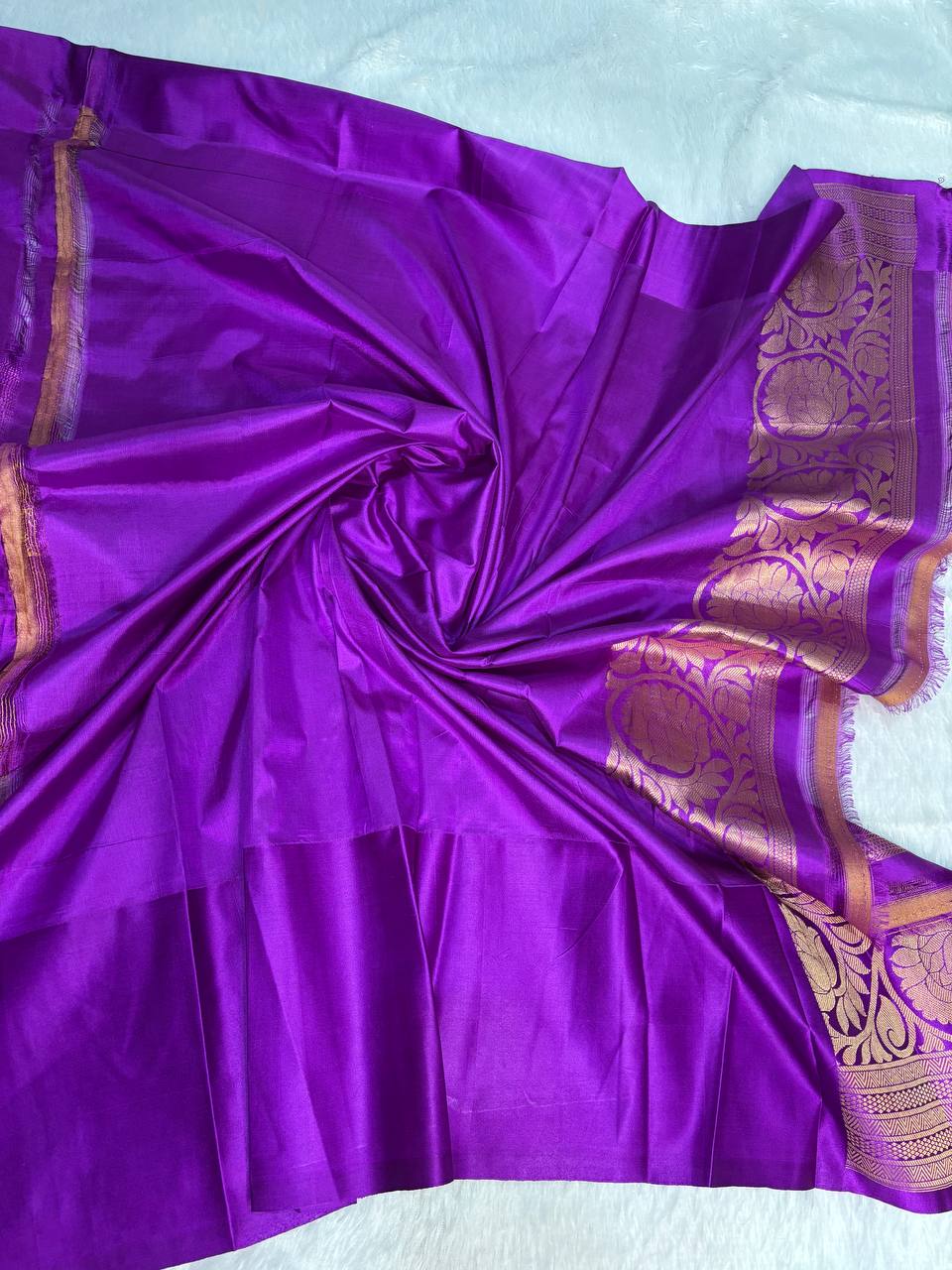 Crimson Red Tussar Silk Saree with Royal Purple Meenakari Border & Floral Buttis