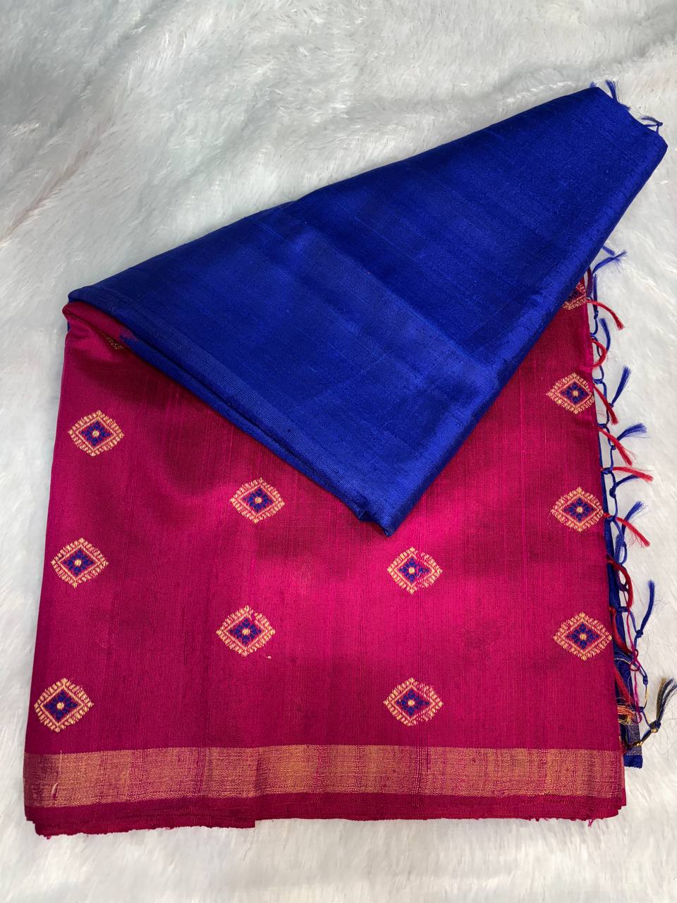 Dual-Tone Magenta & Royal Blue Tussar Silk Saree with Resham Ikat Buttis