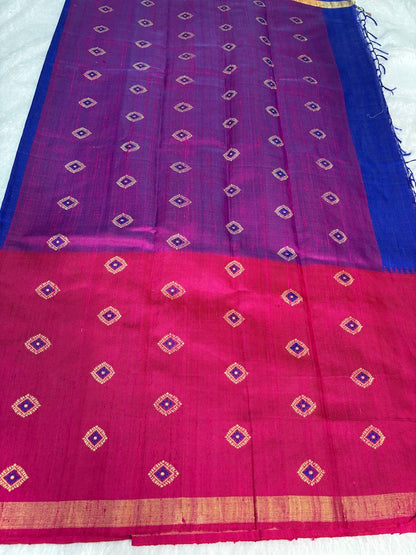 Dual-Tone Magenta & Royal Blue Tussar Silk Saree with Resham Ikat Buttis