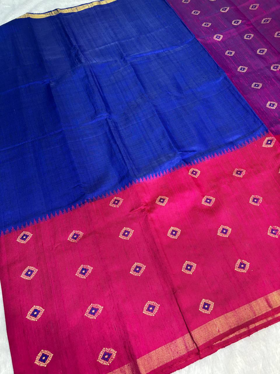 Dual-Tone Magenta & Royal Blue Tussar Silk Saree with Resham Ikat Buttis