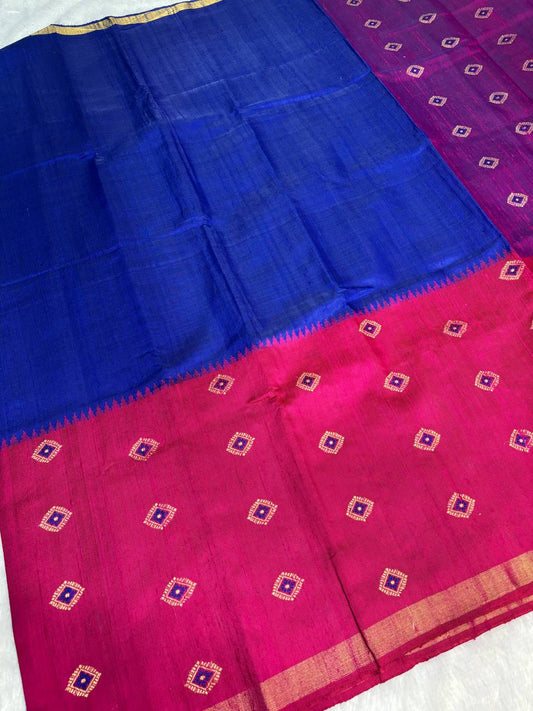 Dual-Tone Magenta & Royal Blue Tussar Silk Saree with Resham Ikat Buttis