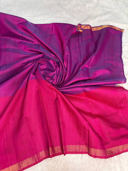 Dual-Tone Magenta & Royal Blue Tussar Silk Saree with Resham Ikat Buttis