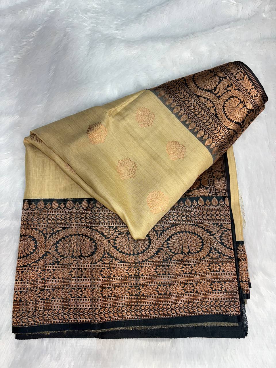 Cream Tussar Silk Saree with Contrast Black Banarasi Border & Copper Zari Work