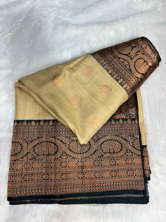 Cream Tussar Silk Saree with Contrast Black Banarasi Border & Copper Zari Work