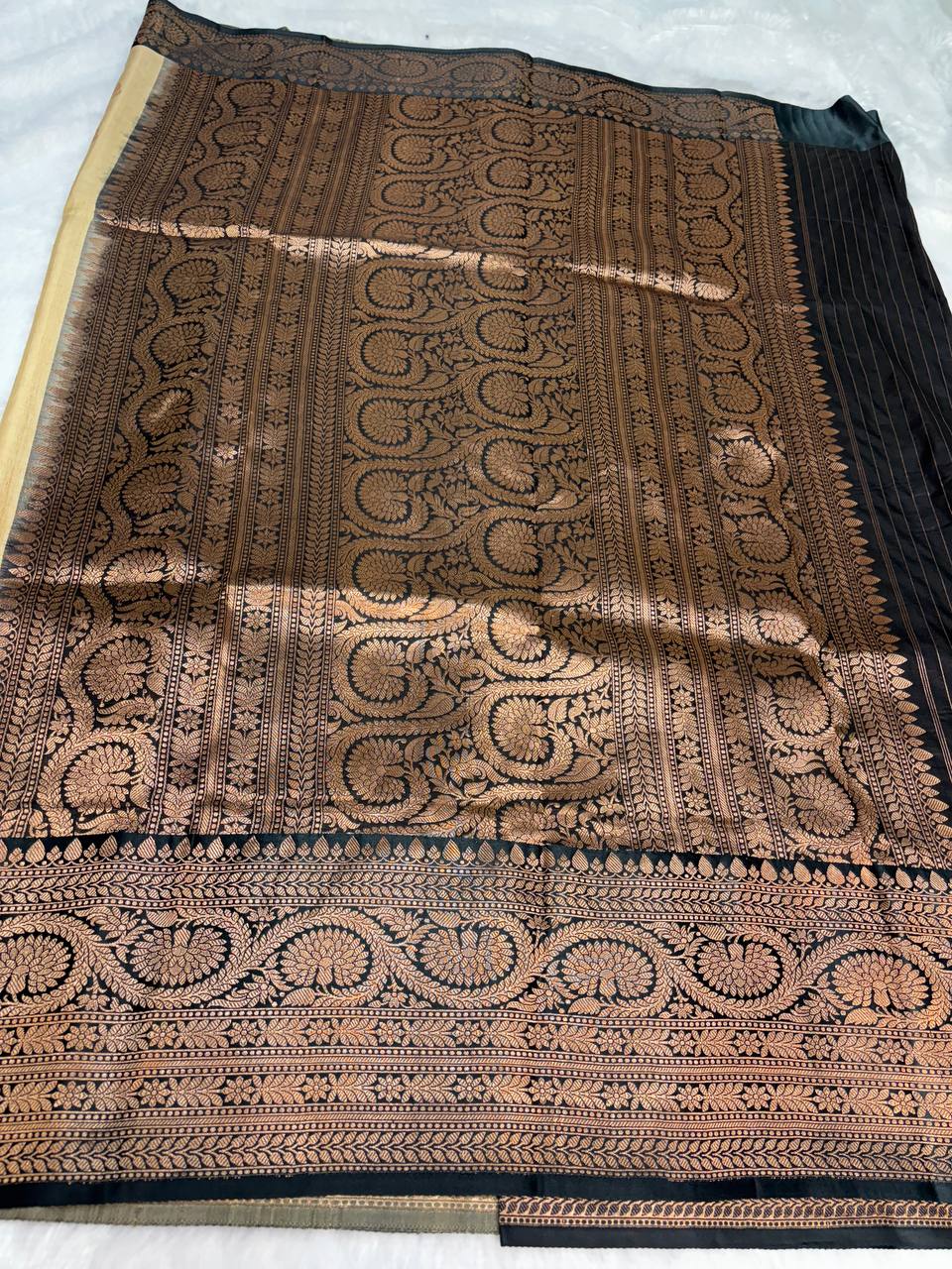 Cream Tussar Silk Saree with Contrast Black Banarasi Border & Copper Zari Work