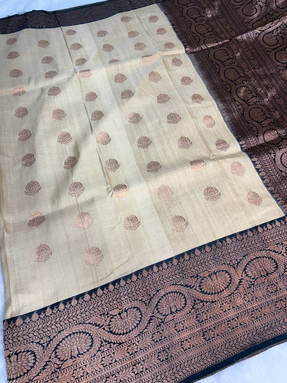 Cream Tussar Silk Saree with Contrast Black Banarasi Border & Copper Zari Work