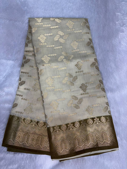 Elegant Off-White & Antique Gold Banarasi Chiniya Silk Saree with Geometric Zari Buta