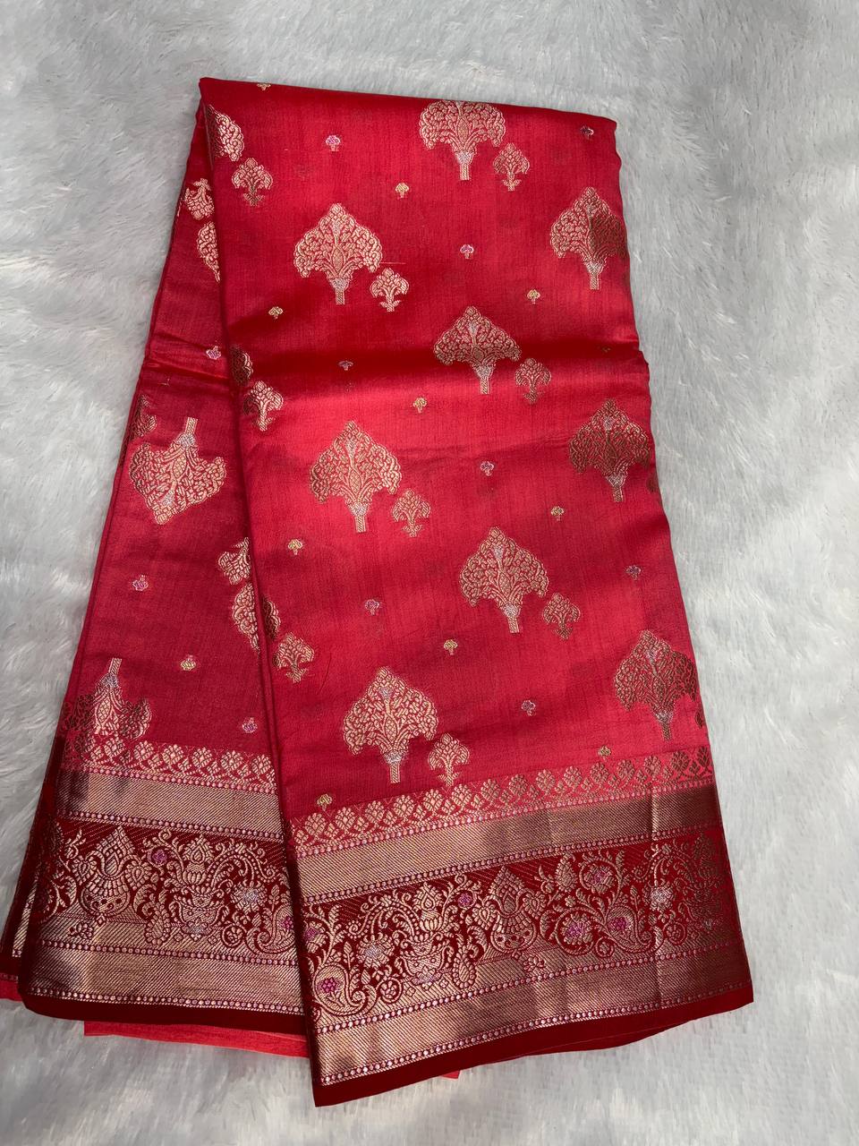 Regal Red Banarasi Chiniya Silk Saree with Antique Gold Zari Tree Motifs