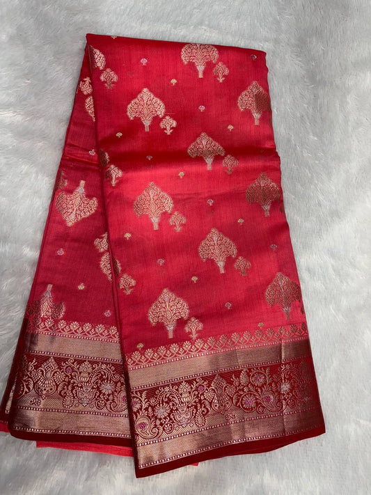 Regal Red Banarasi Chiniya Silk Saree with Antique Gold Zari Tree Motifs
