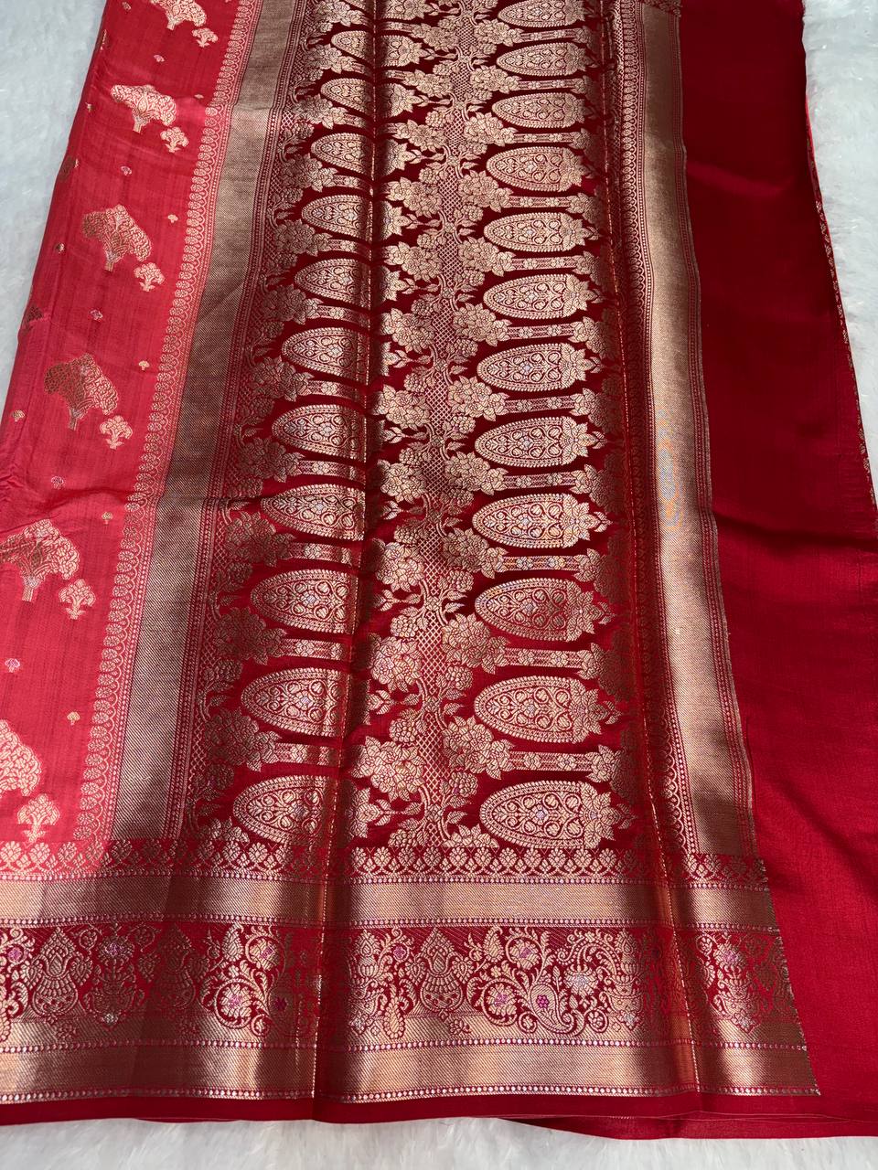 Regal Red Banarasi Chiniya Silk Saree with Antique Gold Zari Tree Motifs