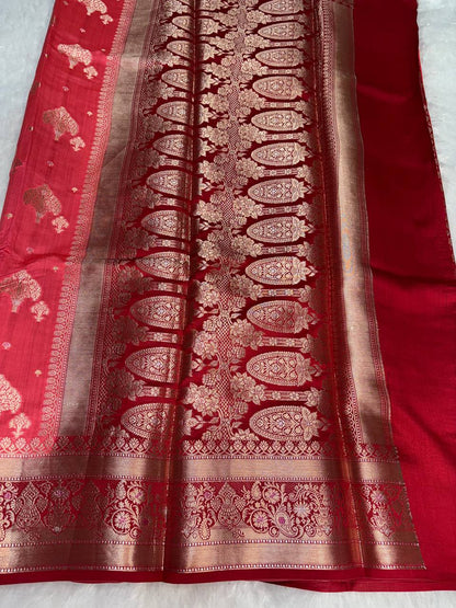 Regal Red Banarasi Chiniya Silk Saree with Antique Gold Zari Tree Motifs