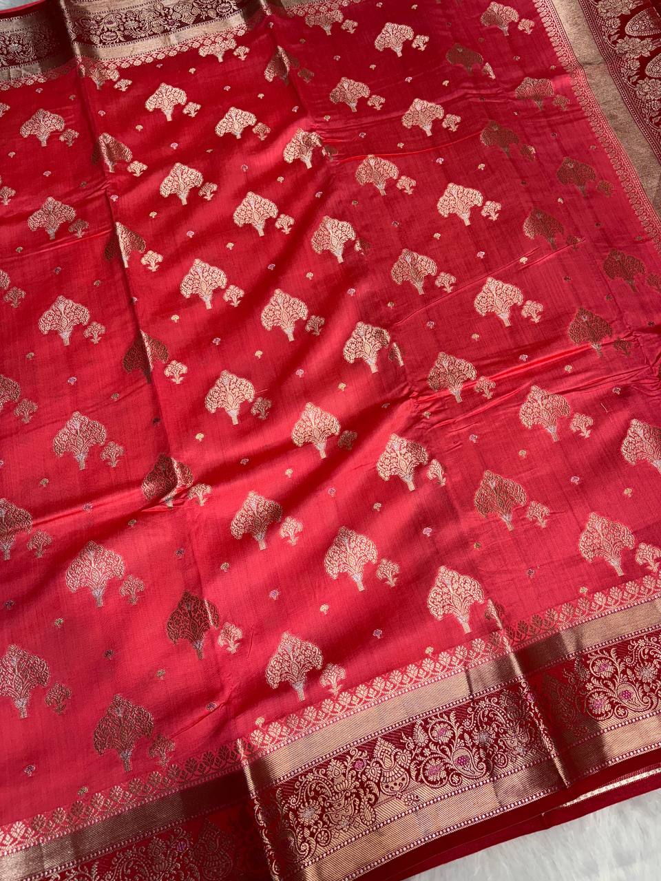 Regal Red Banarasi Chiniya Silk Saree with Antique Gold Zari Tree Motifs