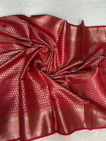 Regal Red Banarasi Chiniya Silk Saree with Antique Gold Zari Tree Motifs