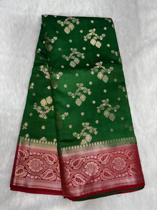 Classic Bottle Green & Crimson Red Banarasi Chiniya Silk Saree with Traditional Floral Buta