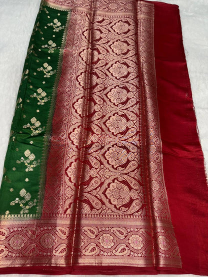 Classic Bottle Green & Crimson Red Banarasi Chiniya Silk Saree with Traditional Floral Buta