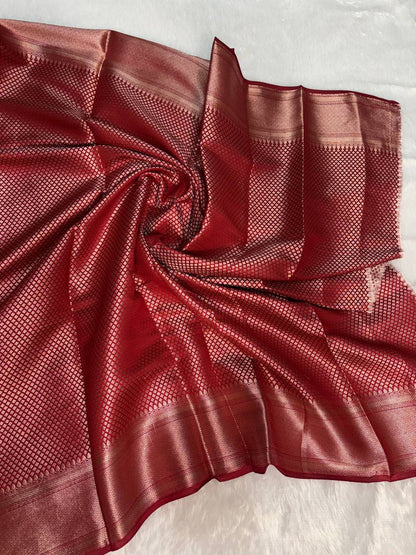 Classic Bottle Green & Crimson Red Banarasi Chiniya Silk Saree with Traditional Floral Buta