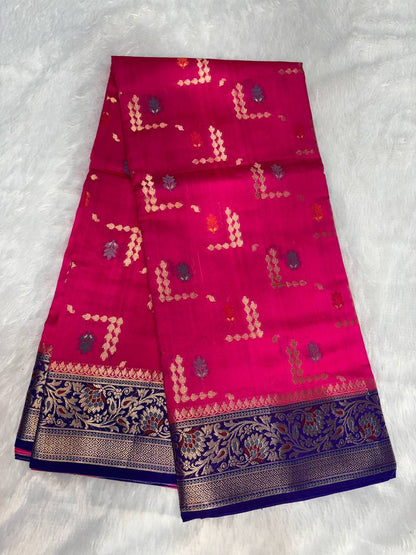 Vibrant Rani Pink & Royal Blue Banarasi Chiniya Silk Saree with Meenakari Geometric Buta
