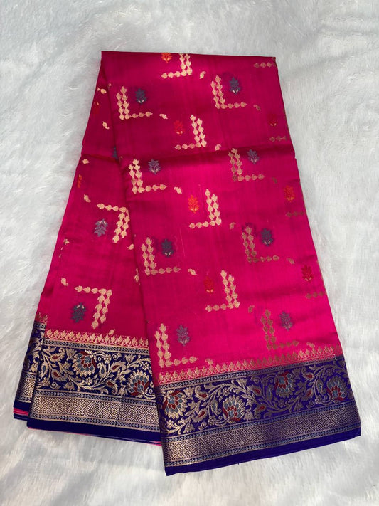 Vibrant Rani Pink & Royal Blue Banarasi Chiniya Silk Saree with Meenakari Geometric Buta