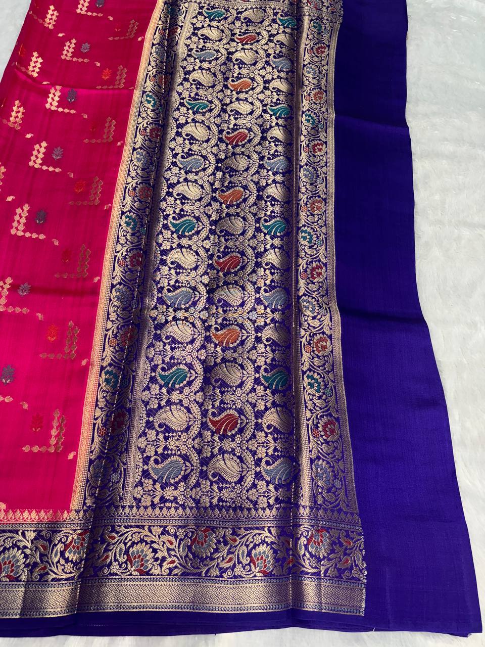 Vibrant Rani Pink & Royal Blue Banarasi Chiniya Silk Saree with Meenakari Geometric Buta