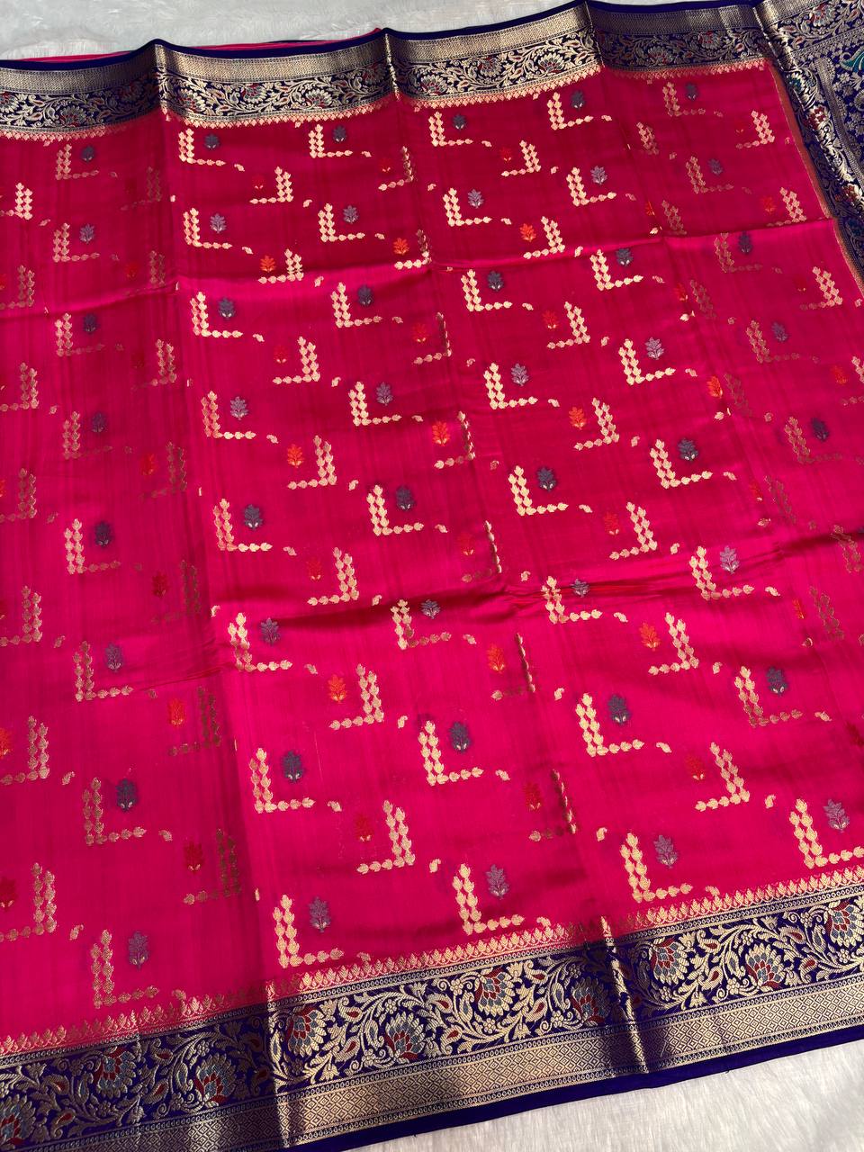 Vibrant Rani Pink & Royal Blue Banarasi Chiniya Silk Saree with Meenakari Geometric Buta