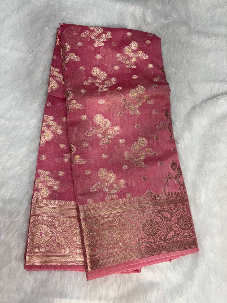 Charming Rose Pink Banarasi Chiniya Silk Saree with Antique Gold Zari Floral Jaal
