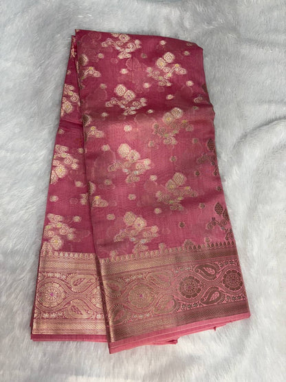 Charming Rose Pink Banarasi Chiniya Silk Saree with Antique Gold Zari Floral Jaal