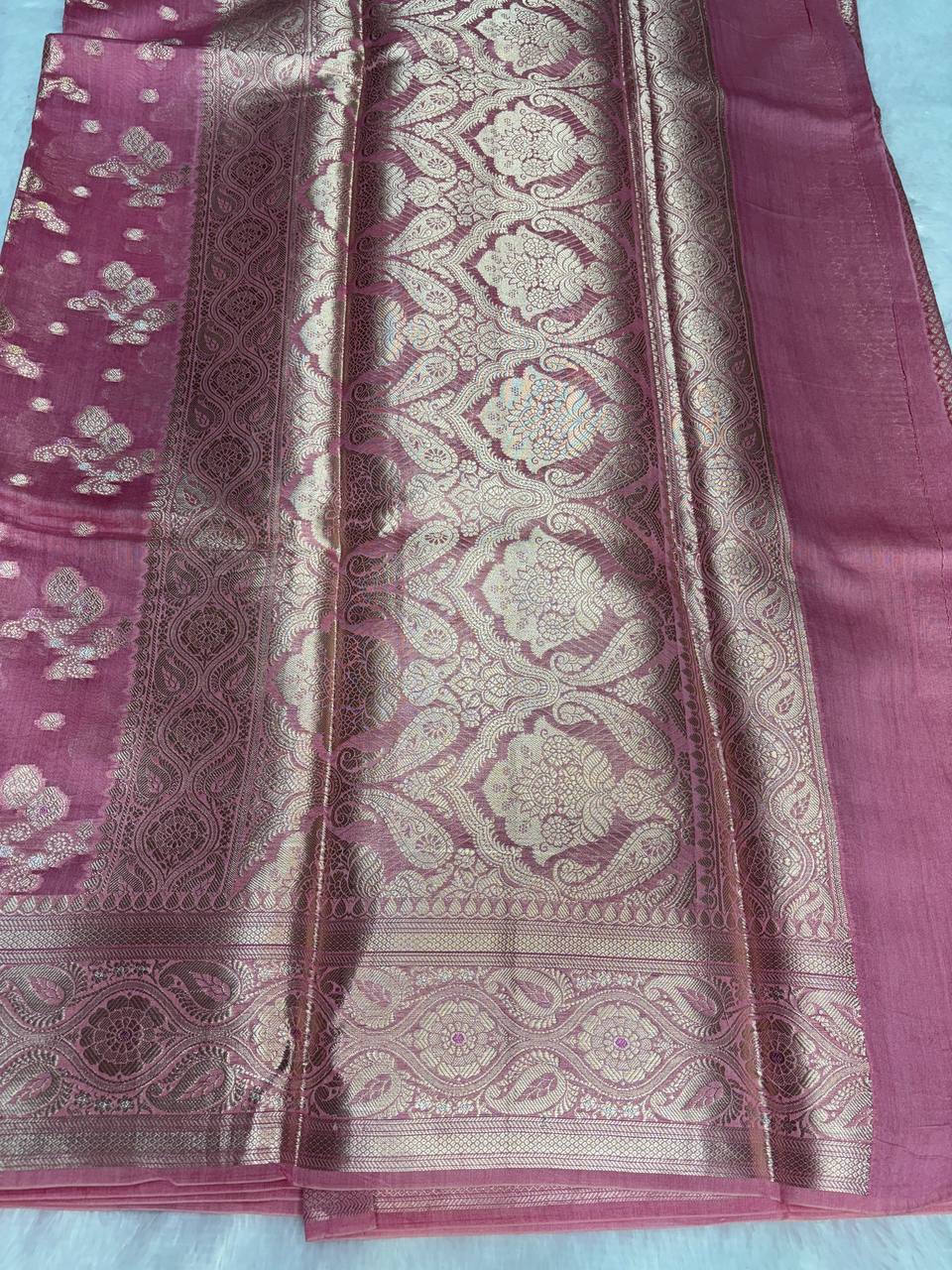 Charming Rose Pink Banarasi Chiniya Silk Saree with Antique Gold Zari Floral Jaal