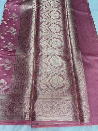 Charming Rose Pink Banarasi Chiniya Silk Saree with Antique Gold Zari Floral Jaal