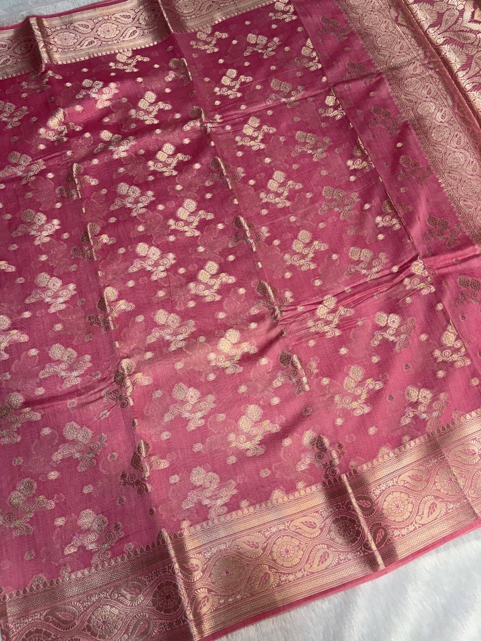 Charming Rose Pink Banarasi Chiniya Silk Saree with Antique Gold Zari Floral Jaal