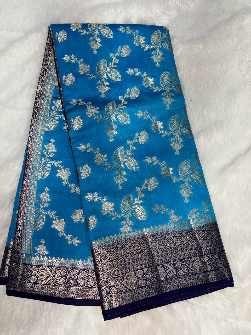 Stunning Firozi Blue & Navy Banarasi Chiniya Silk Saree with Floral Jaal Work
