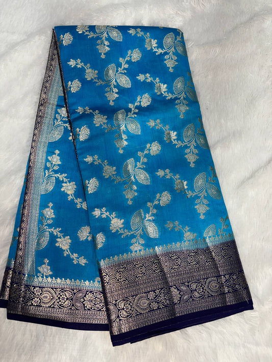 Stunning Firozi Blue & Navy Banarasi Chiniya Silk Saree with Floral Jaal Work