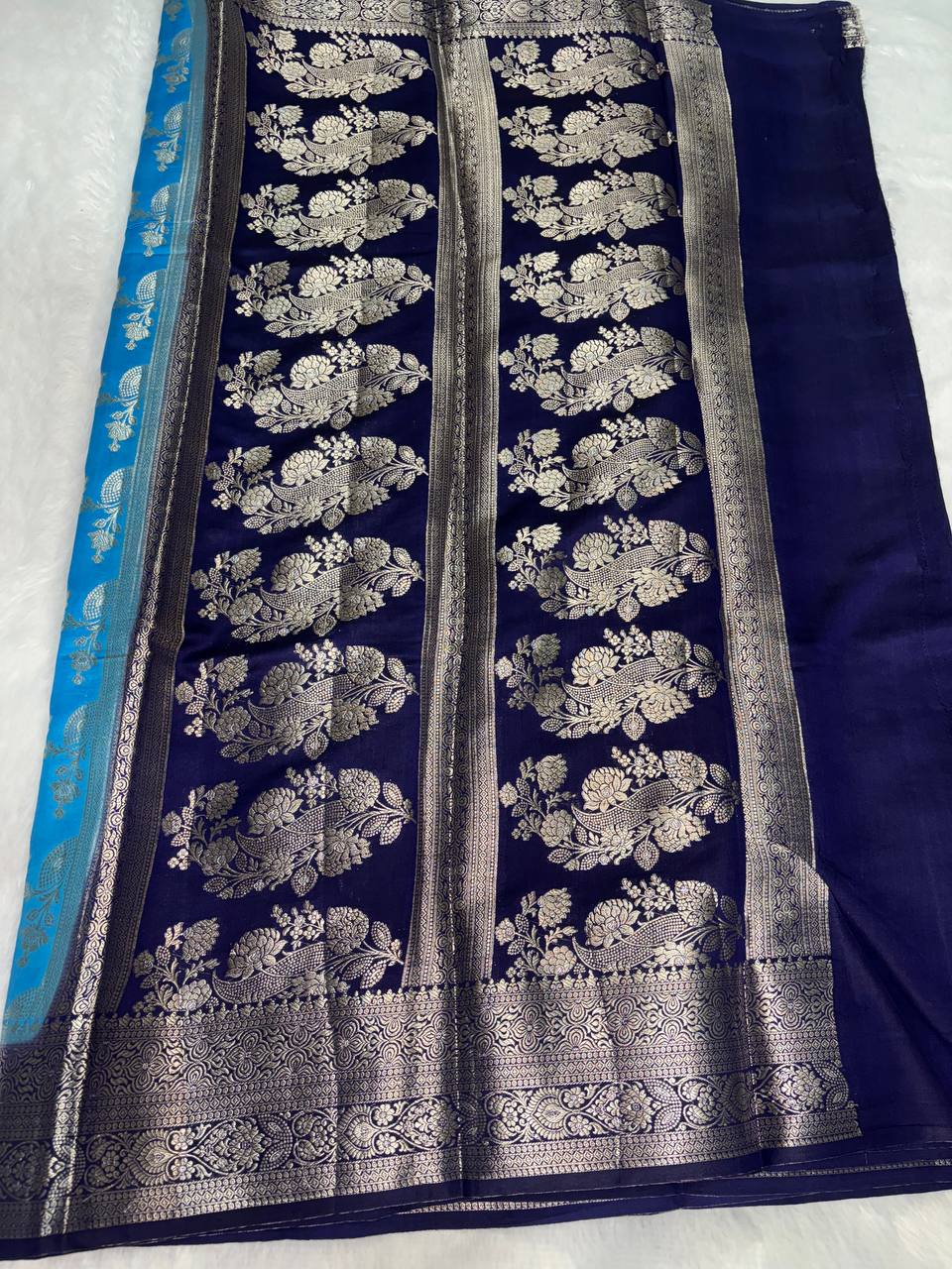 Stunning Firozi Blue & Navy Banarasi Chiniya Silk Saree with Floral Jaal Work