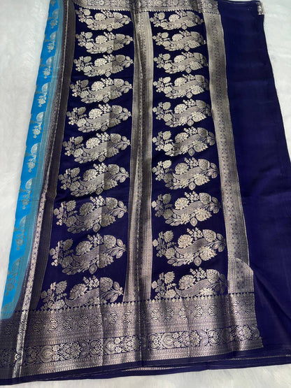 Stunning Firozi Blue & Navy Banarasi Chiniya Silk Saree with Floral Jaal Work
