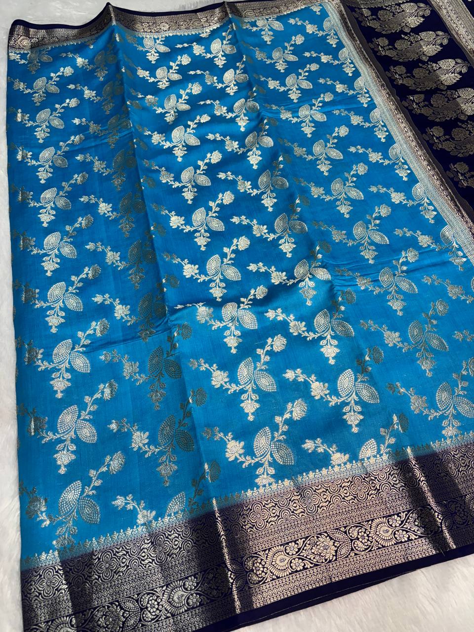 Stunning Firozi Blue & Navy Banarasi Chiniya Silk Saree with Floral Jaal Work