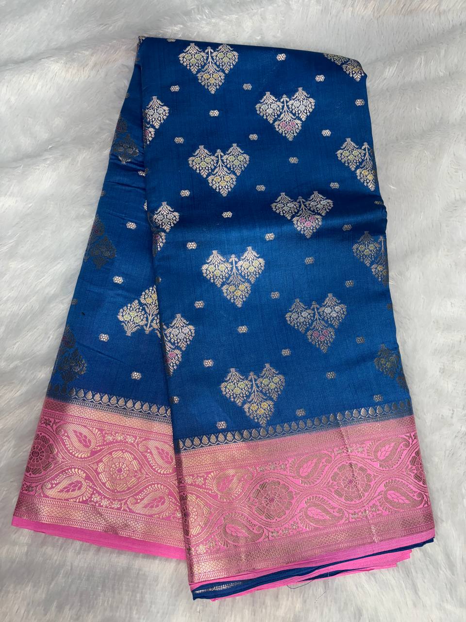 Stunning Teal Blue & Rani Pink Banarasi Chiniya Silk Saree with Meenakari Tree Motifs