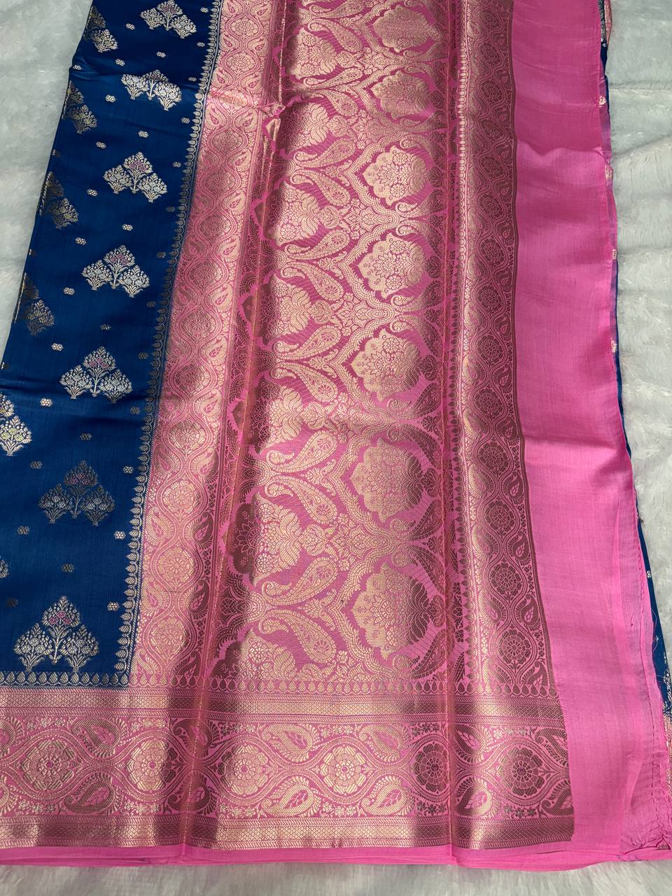 Stunning Teal Blue & Rani Pink Banarasi Chiniya Silk Saree with Meenakari Tree Motifs