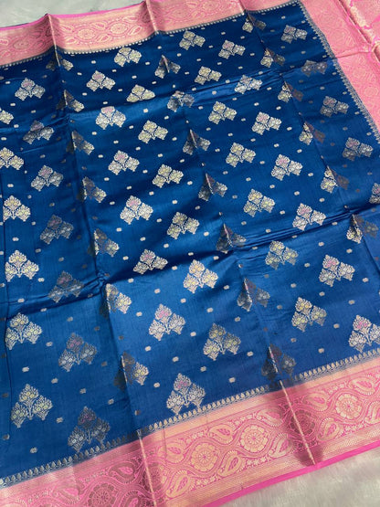 Stunning Teal Blue & Rani Pink Banarasi Chiniya Silk Saree with Meenakari Tree Motifs