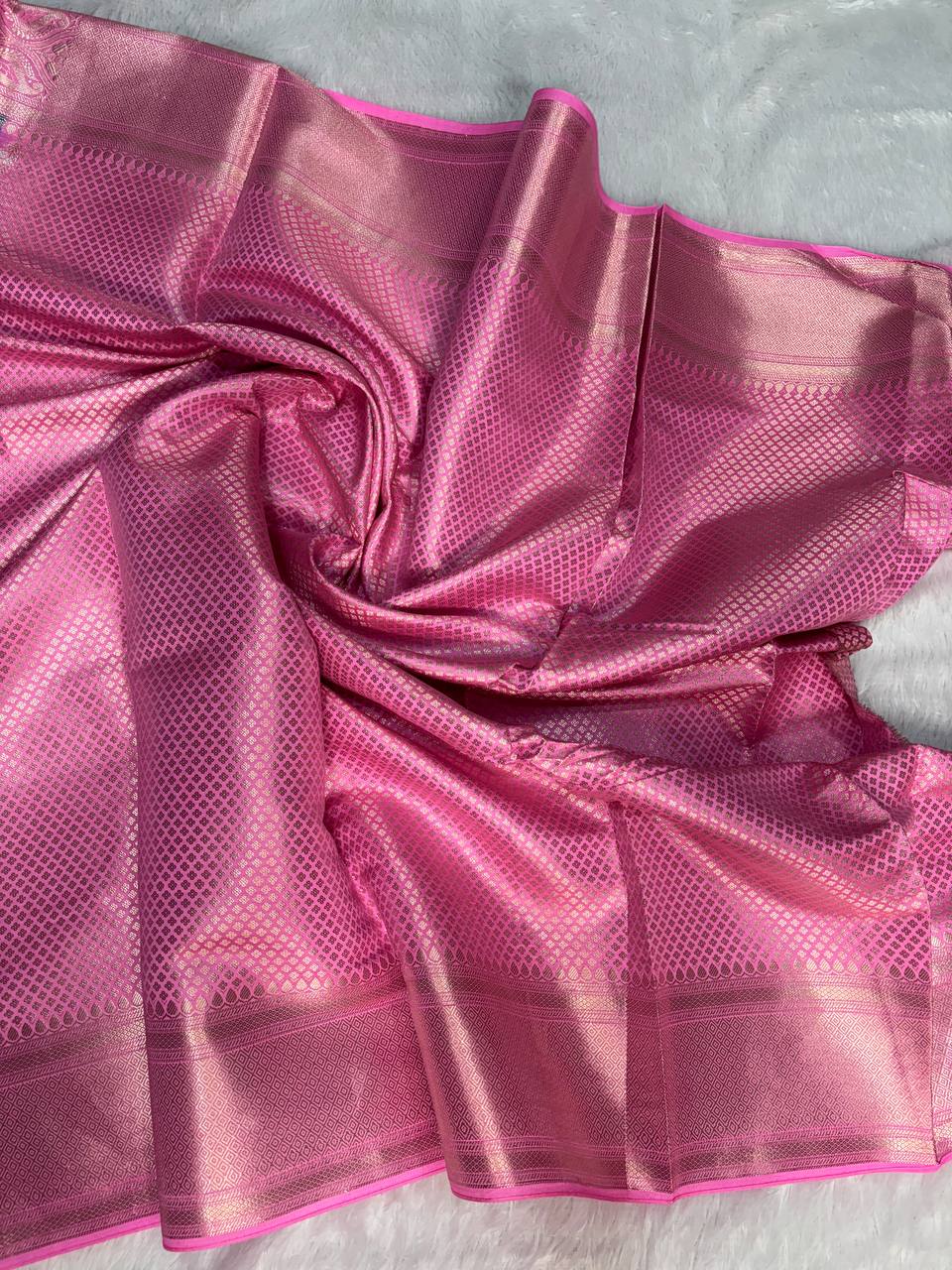 Stunning Teal Blue & Rani Pink Banarasi Chiniya Silk Saree with Meenakari Tree Motifs